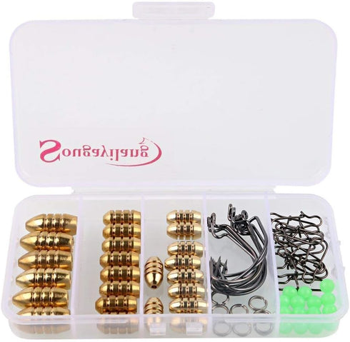 Sougayilang Fishing Sinkers Set with Brass Weights, Jig Hooks, Swivel Ring Connector in Plastic Box for Fishing