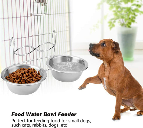 Stainless Steel Double Hanging Pet Feeding Station with Hook, Water and Food Bowls for Small Dogs and Cats