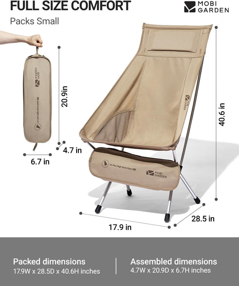 7075 Backpacking, MOBI GARDEN High Back Camping Chair, Ultralight Hiking Chair with Aluminum Frame, Portable Lawn Chair
