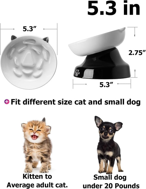 Y YHY Ceramic Cat Slow Feeder, Elevated Cat Food Bowl Tilted Design, Dog Slow Feeder Bowl no Black Chin, Cat Shape Slow Feeder for Dry and Wet Food