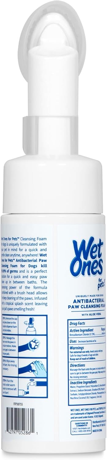 Wet Ones for Pets Antibacterial Dog Paw Cleansing Foam with Built-in Scrubber Brush, Tropical Splash Scent, 5 oz