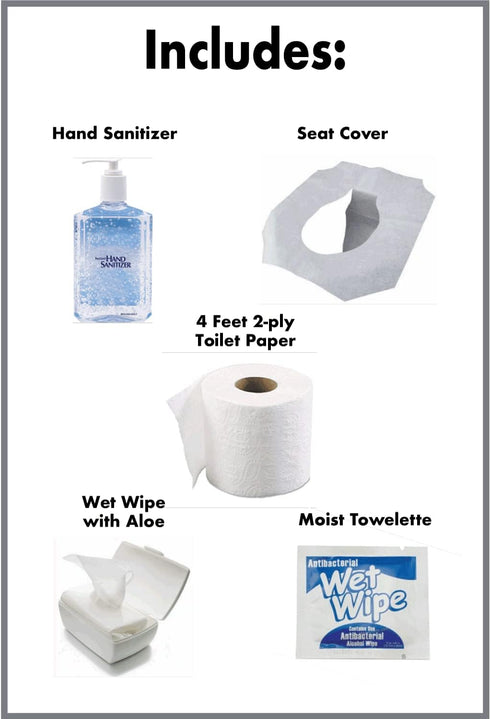 Single Use Portable Travel Bathroom Pack with Seat Cover, 2 ply Toilet Paper, Wet Wipes & Hand Sanitizer - 10 units