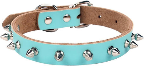 Classic Adjustable Genuine Cow Leather Pet Collars for Cats & Dogs (Medium, Blue-Spiked Rivet)
