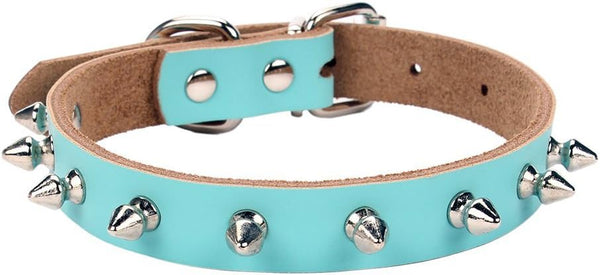 Classic Adjustable Genuine Cow Leather Pet Collars for Cats & Dogs (Medium, Blue-Spiked Rivet)