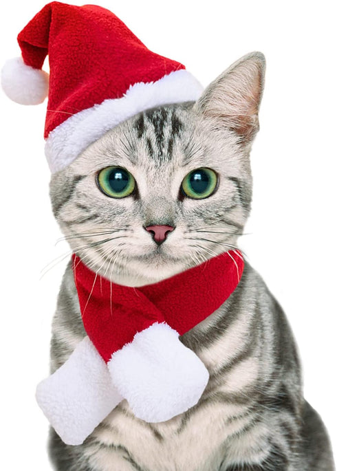NAMSAN Cat Santa Hat Scarf, Small Dog Christmas Costume with Red Muffler for Kitten, Doggy, Rabbit Decoration