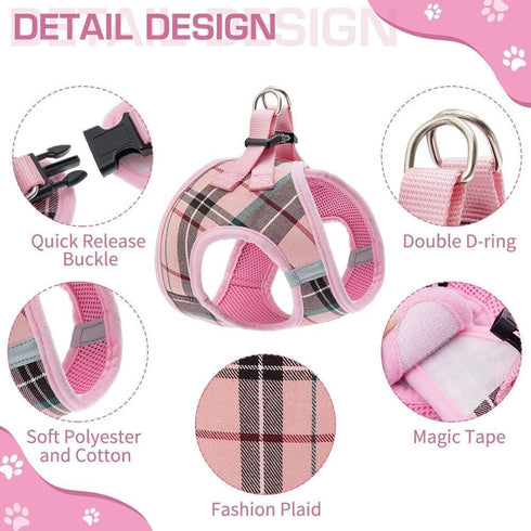 KOOLTAIL Small Dog Harness and Lead Set - Soft Mesh Plaid Puppy Harness with Safety Buckle, Adjustable & Comfortable