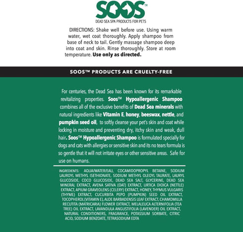 Soos Hypoallergenic Pet Shampoo for Cats and Dogs, Natural Dead Sea Minerals, 250ml Fast Absorbing Skin Soothing Formula