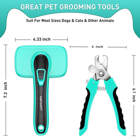 Pet Brush Kit for Grooming, Dog Self-Cleaning Slicker Brush + Nail Clippers Set for Shedding Long Short Haired Cats,