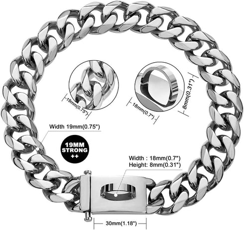 Dog Chain Collar Walking Metal Collar with Secure Buckle, Cuban Link, 19MM Heavy Duty for Medium Large Dogs
