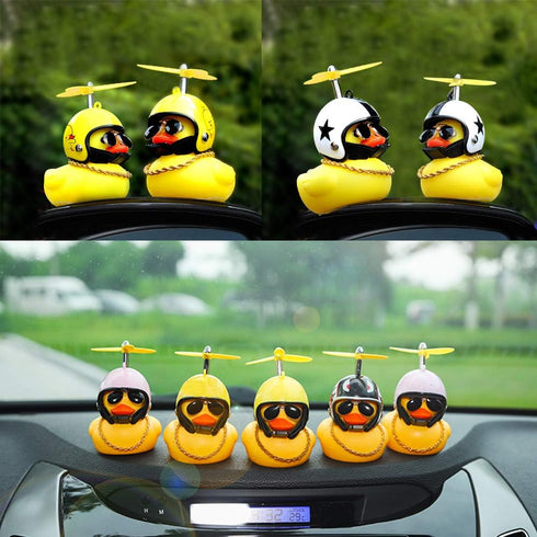 wonuu Rubber Duck Toy Car - Yellow Duck Dashboard Decorations, Squeeze Duck Bicycle Horns with Propeller Helmet