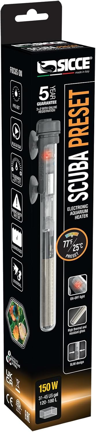 Sicce Scuba 150 Watt Aquarium Heater, Preset at 77? for Up to 45 Gallons, Submersible for Freshwater