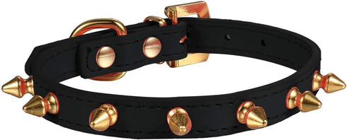 LOVPE One Row Golden Spiked Studded Leather Dog Collar with Rhinestone Buckle for Small Dog/Cat Puppy Kitty (Black, S)