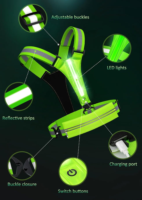 LED Reflective Running Vest, USB Rechargeable Light Up Gear with Chest Phone Holder for Night Walking, Adjustable for