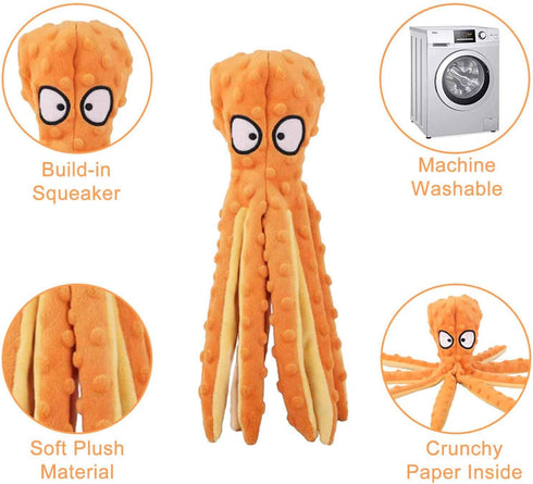WishLotus Octopus Dog Chew Toy, No Stuffing Plush Squeaky Toy with Crinkle Paper for Small, Medium Dogs (Orange)