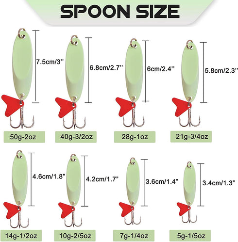 Elyrav Fishing Spoon Lures Glow Spoons Jigging Bait with Sharp Treble Hooks Luminous Metal Lures Casting Spoons Spinner