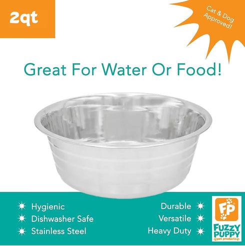 Lightweight Stainless Steel Feeding Dish for Dog, Cat, Pet Food and Water Dish | Silver, 2-Quart