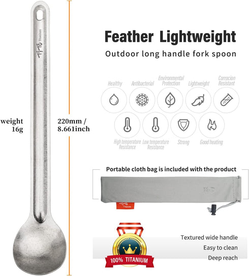 TiTo Bright Titanium Long Handle Spork and Spoon, Eco-Friendly Ultralight Portable Flatware for Camping