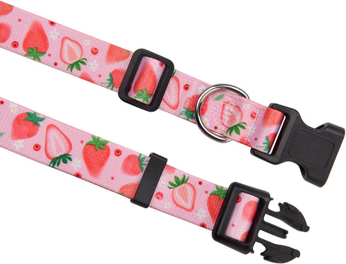 Dog Collar and Leash Set, Adjustable Cute Design with Bohemia Floral Patterns for Small Medium Large Dogs (Strawberry