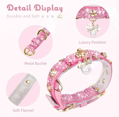 PetsHome Adjustable Cat Dog Collar, Bling Rhinestones PU Leather with Luxury Pendant for Extra Small Dog and Cat, Pink