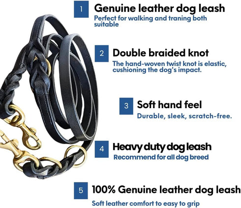 Multi Function 8ft Genuine Leather Dog Leash - Hands Free Training for Small, Medium, Large Dogs (Black)