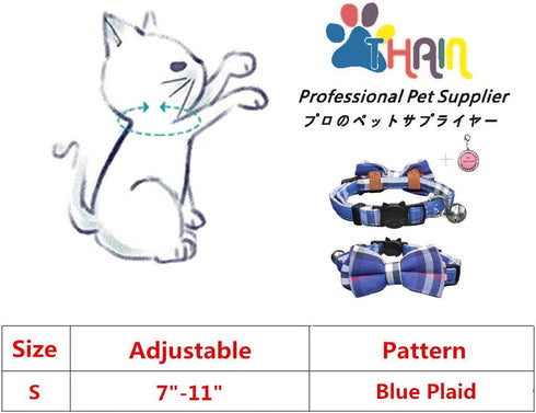 THAIN Cat Collar with Breakaway Safety Buckle, Bell and Bow Tie, Adjustable 7-11 inches, Blue Plaid Pattern for Kittens