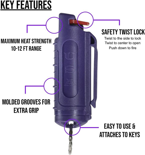 Police Magnum Keychain Pepper Spray Self Defense Belt Clip Holder - 3 Pack Tactical Maximum Strength OC with Dye - Small Safety Key Chains for Women & Men - Made in The USA