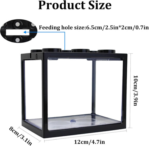 WishLotus Small Fish Tank, Durable and Simple Building Block Betta Aquarium with Exhaust Holes Detachable and Stackable Square Mini Fish Tank for Shrimp, Betta, Small Crab Habitats (Black, A)