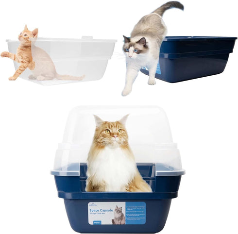 Petfamily Large Foldable Jumbo Hooded Cat Litter Box - Transparent Lid, Navy Blue