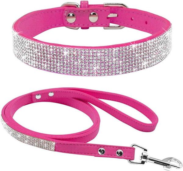 Cute Dazzling Soft Suede Leather Bling Rhinestone Crystal Jeweled Pet Collar and Leash Combo Set (S, Hot Pink)