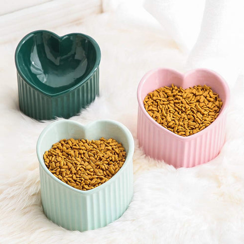 Green Ceramic Raised Cat Bowls, Tilted Elevated Food or Water Bowls, Dishwasher and Microwave Safe, Lead Free