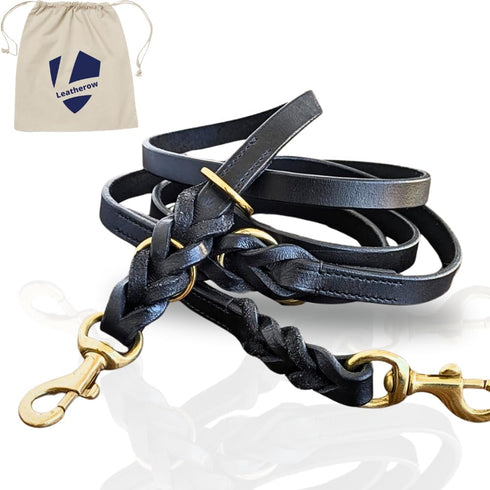Multi Function 8ft Genuine Leather Dog Leash - Hands Free Training for Small, Medium, Large Dogs (Black)