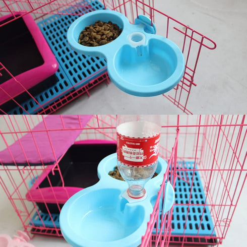 Pssopp Double Dog Bowl, Hanging Pet Food and Water Feeder, Plastic, Blue