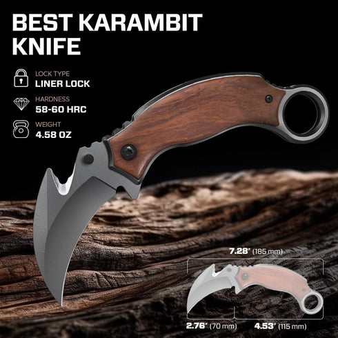 Pocket Knife - Best Karambit Knife with Wood Handle Clip - 440C Steel Sharp Raptor Claw Blade - Cool Folding Knives for Camping Hiking EDC Survival - Gift Idea for Birthday - Fathers Day Dad Gift