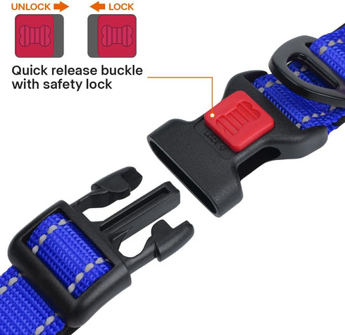 Taglory Adjustable Reflective Dog Collar with Safety Locking Buckle, Nylon Pet Collars for Large Dogs, Navy Blue, L