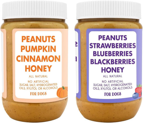(Set 2, 17oz BUDDY BUDDER Bark Bistro Company, Superberry Snoot + Pumpkin Pup, Natural Dog Peanut Butter, Dog Treat