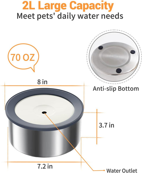 No Spill Water Bowl for Dogs, 2L Large Stainless Steel Slow Drinking Dish, Spilling Proof for Messy Drinkers