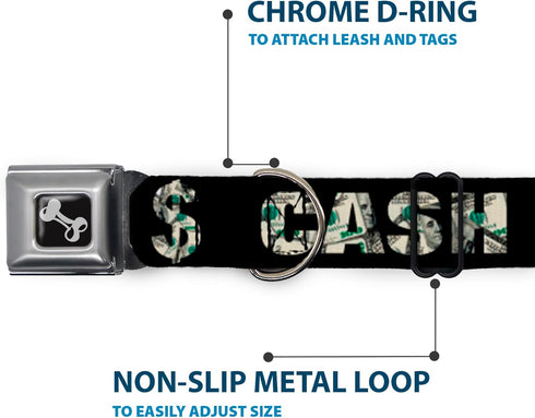 Buckle-Down Dog Collar with Cash Money Black Dollar Bills - Fits 9 to 15 Inches, 1.0 Inch Wide