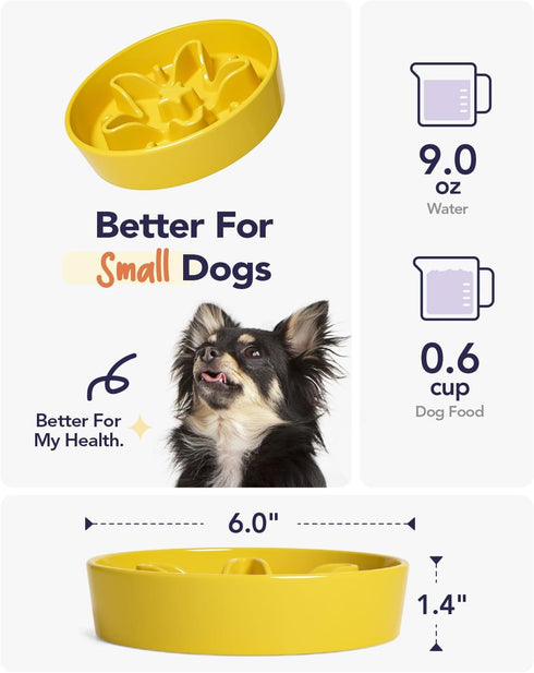 LE TAUCI Ceramic Slow Feeder Dog Bowls for Small Breeds, 0.6 Cups Dog Food Dish for Fast Eaters, Star Yellow
