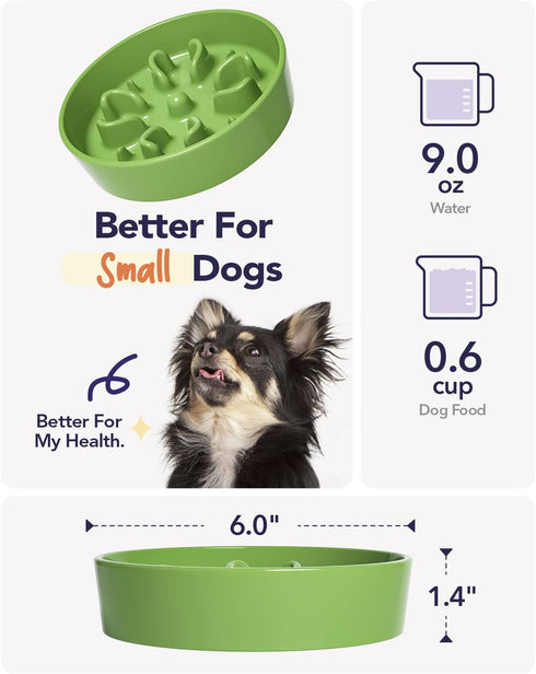 LE TAUCI Ceramic Slow Feeder Dog Bowls for Small Breed, 0.6 Cups Dog Food Dish for Fast Eaters, Green
