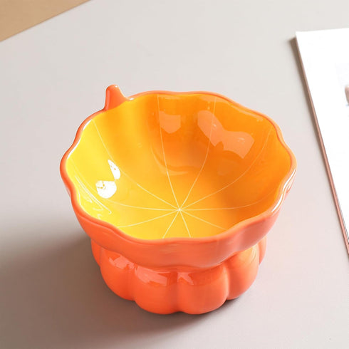 Cute Pumpkin Shaped Cat Bowl, Ceramic Raised Cat Bowl for Food or Water, 9 oz Small Elevated Dish