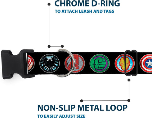 Buckle-Down Dog Collar Plastic Clip Buckle, 9-Avenger Icons Black/Multi Color, 1" x 15-26 Inches
