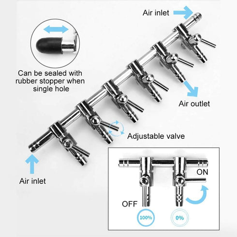 Fish Air Control Lever Valve Distributor, Stainless Steel Air Tubing Splitter for Aquarium (6 Way)