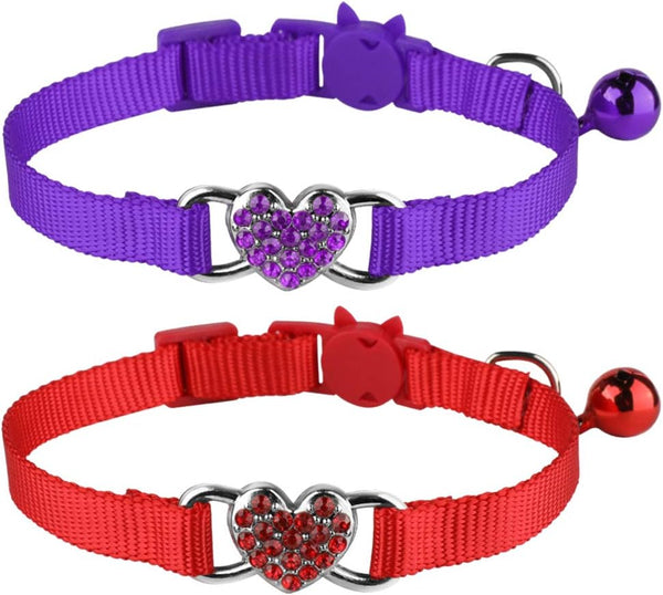 2 Pcs Cat Collars - Heart Bling Breakaway with Bell, Adjustable Nylon for Kitty (Red + Purple)