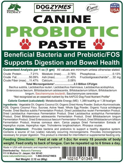 Dogzymes Canine Probiotic Paste, Beneficial Bacteria-Enzyme 2.3 Billion CFU/gm Saccharomyces boulardii Organic Dried