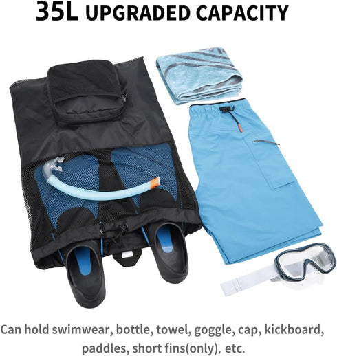 Packable Mesh Swim Bag, Lightweight Drawstring Backpack with 35L Capacity & Vented Design for Swimming Gear