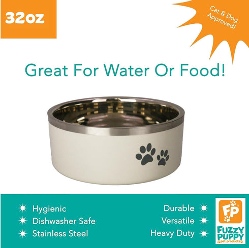 Stainless Steel Double-Wall Insulated Non-Slip for Dog, Cat, Pet Food and Water Bowl | Buttermilk 32 oz. (PN: DWB-BM-32)
