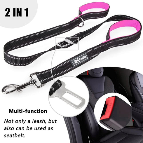 PoyPet 5 Feet Heavy Duty Dog Leash, Car Seat Belt, 2 Handles, Padded Traffic Grip for Extra Control (Pink)