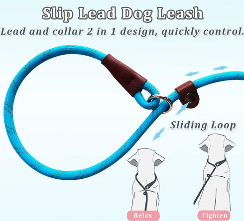 2 Pcs 8ft Slip Lead Dog Leash, Reflective No Pull Training Leash, 1/3" Nylon Rope for Small Medium Dogs (Blue+Black)