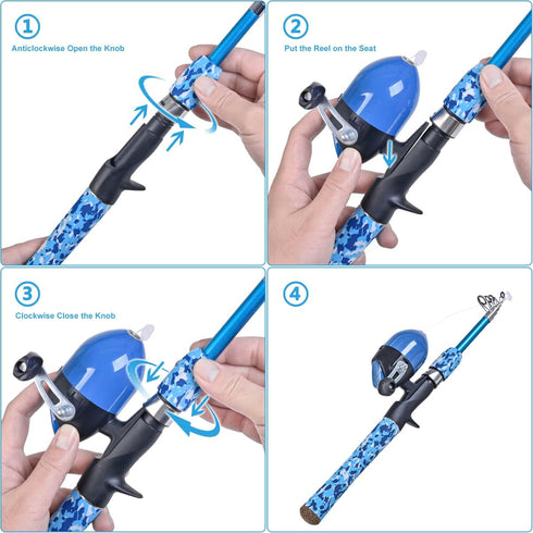 LEOFISHING Kids Fishing Pole Set, Portable Telescopic Rod and Spincast Reel with Fishing Net and Bucket