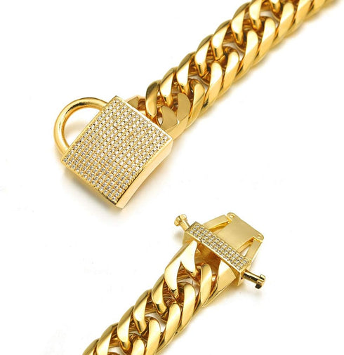 Strong Double Cuban Link Gold Dog Chain Collar with Zirconia Lock, Stainless Steel 16MM for Medium Large Dogs (24'')